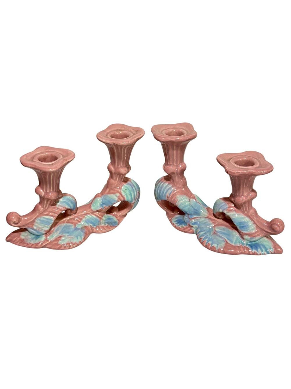 Vintage Mid Century Royal Haeger pottery candle holders Mauve Blue Agate PAIR